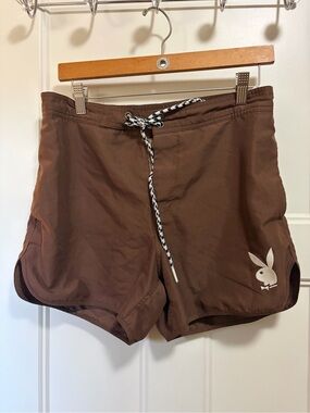 PLAYBOY Brown Swim Shorts with Black-and-White Drawstring